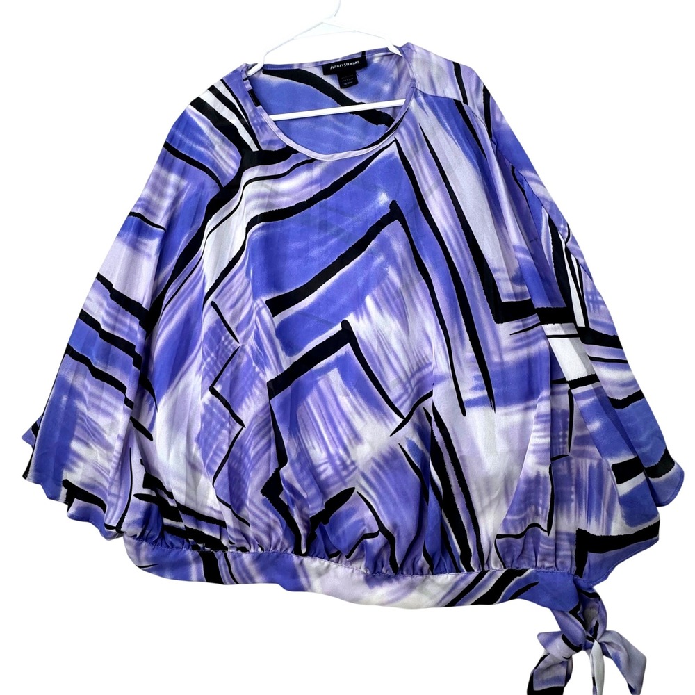 Ashley Stewart Blouse Womens 18/20W Blue Abstract Print Side Tie Batwing Sleeve
